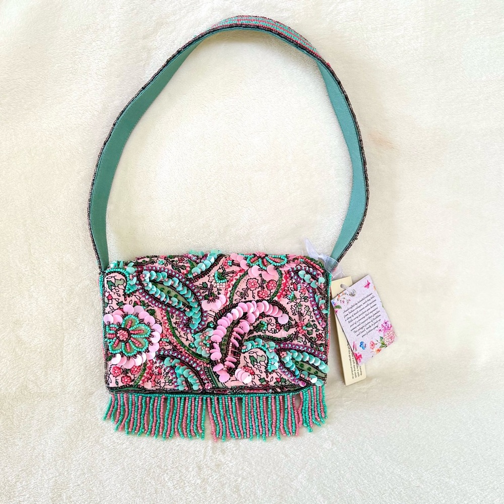 Viral Beaded Pink, Blue, & Purple Paisley Shoulder Bag w/ Beaded Fringe